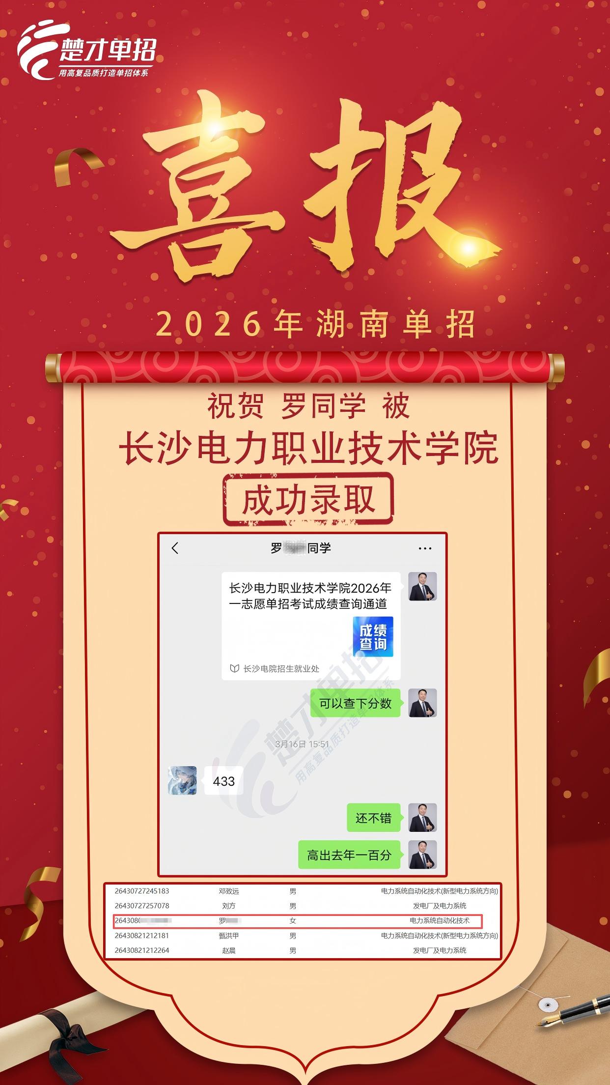 长沙电力罗同学喜报