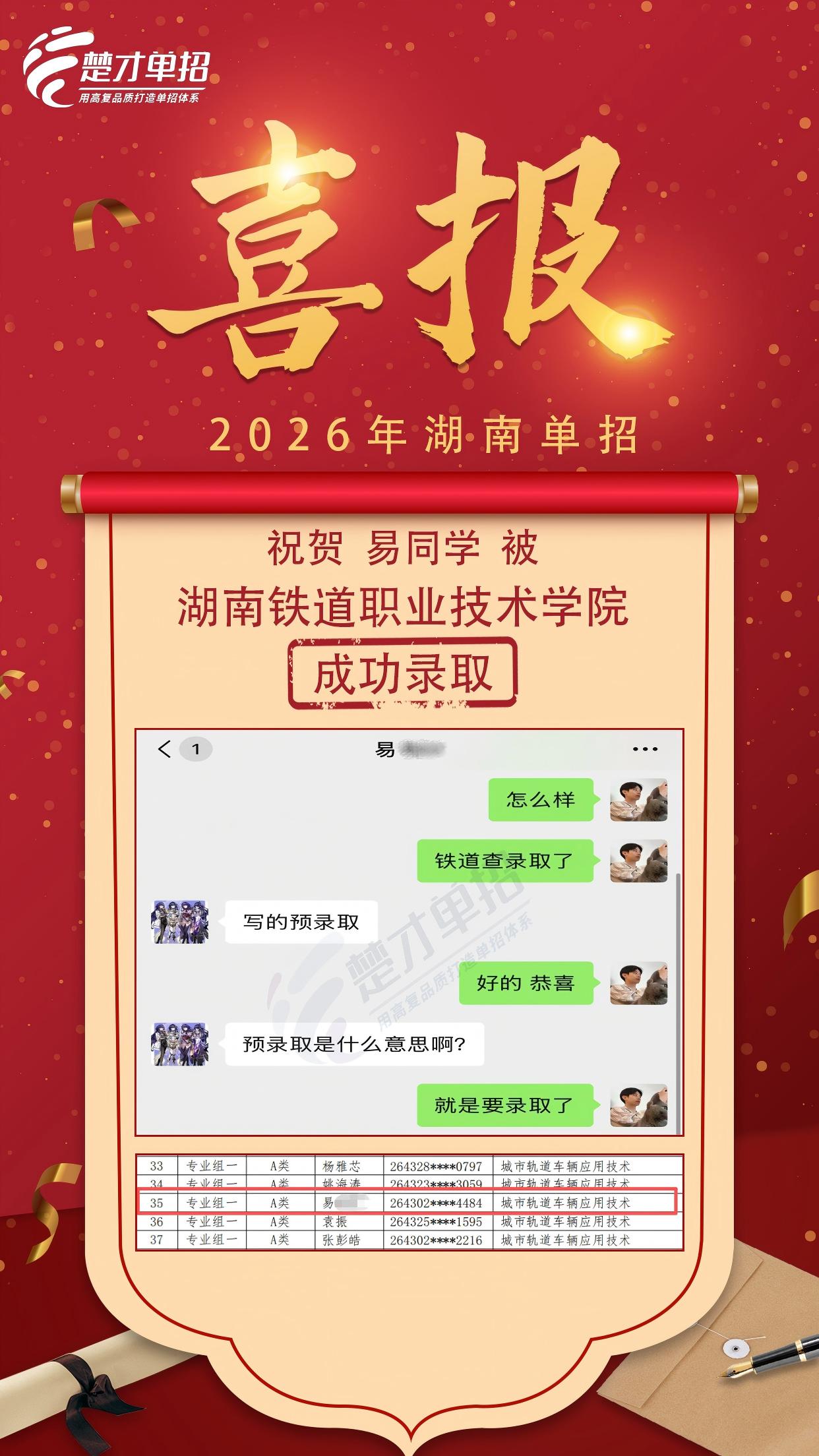 湖南铁道易同学喜报